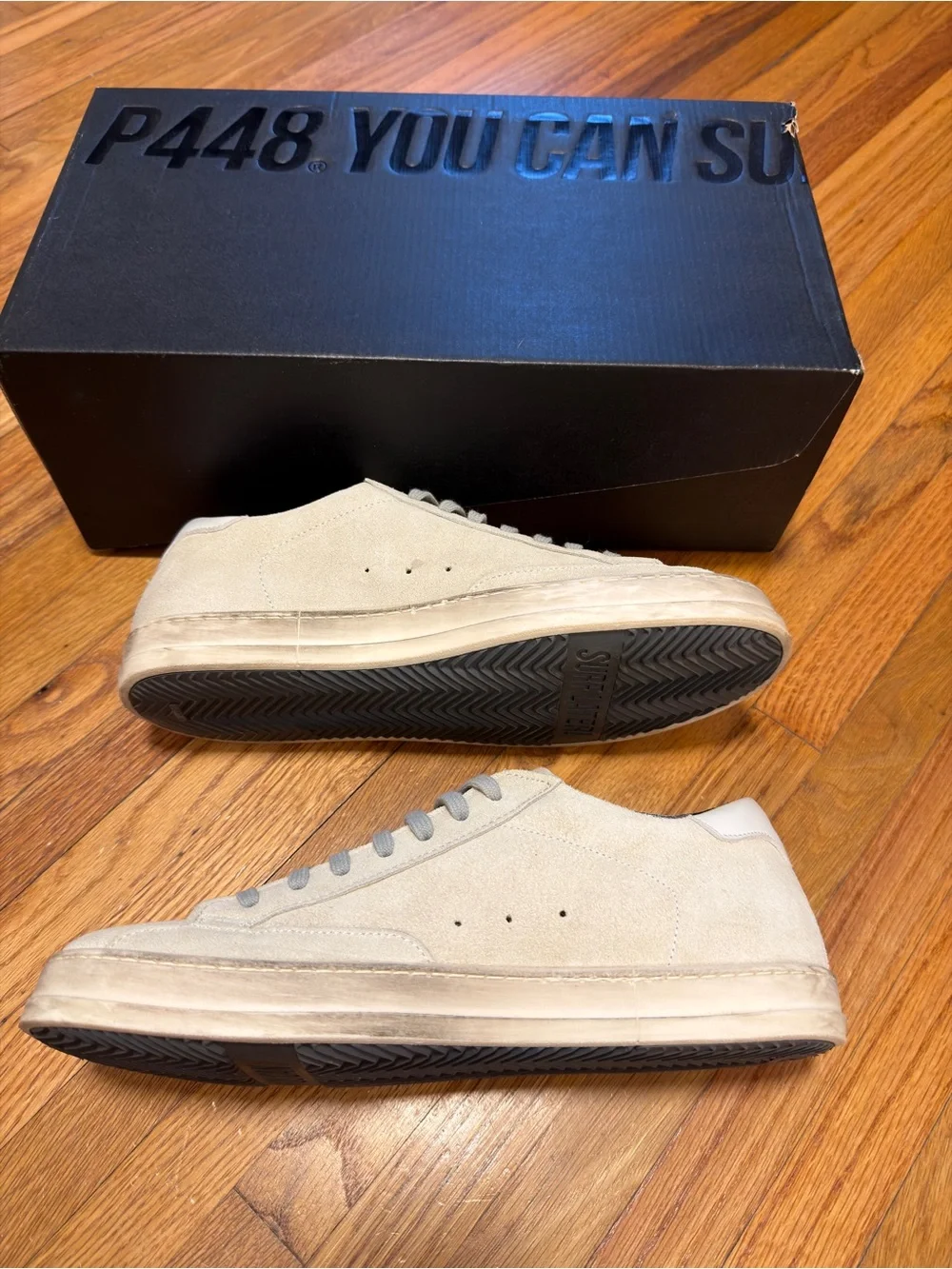 NWT P448 Men’s John Sneaker, Size 41 (8-8.5), Tan Beige White Suede